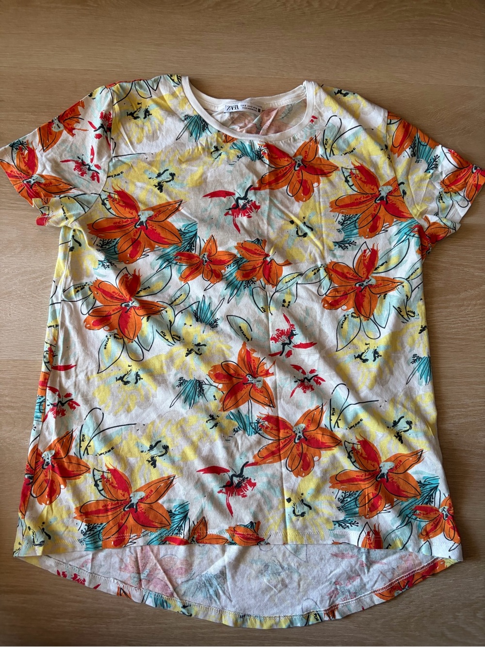 Zara Floral Print High Low T-Shirt Orange Yellow Size S